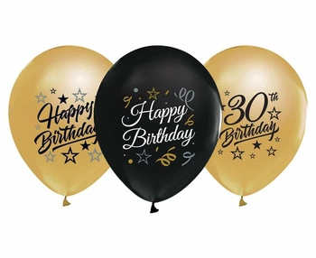Balony Beauty&Charm 12' z nadrukiem '30', złote i czarne, 5 szt.