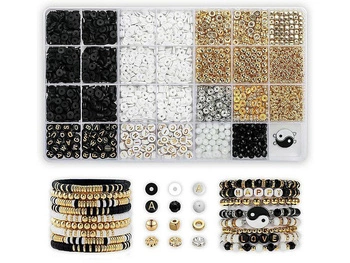 zestaw do robienia bransoletek, koraliki czarne,  białe, złote i srebrne, aplikacje, literki, sznurkI