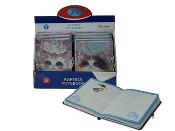 pamiętnik z kłódką B6, 18x12,5cm, wzór koty, kartki w linie i czyste, display 12szt; 29x18,5x11cm