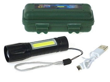 latarka metalowa 9,5x2,5cm, z kablem USB, zmiennoogniskowa, 3 tryby świecenia, w zamykanym etui; 11,5x4x5cm,  