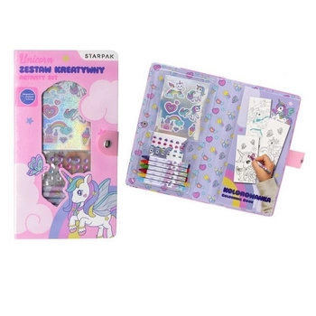 Zestaw kreatywny Unicorn-jednorożec (1 x kolorowanka, 6 x kredki woskowe, naklejki, 24 x diamenciki)