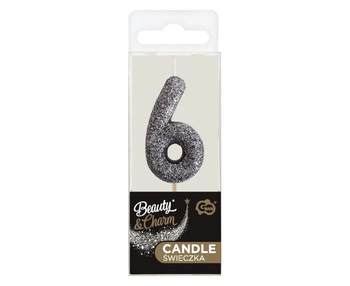 Świeczka na tort piker B&C cyferka 6, brokatowa czarna, 11x3.5 cm