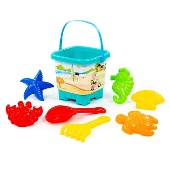 Zestaw Nr594: wiaderko-zamek duże z nalepką, szufelka Nr10, grabki Nr10, foremki (krab Nr2 + rozgwiazda Nr2 + muszla Nr2 + konik morski + żółw)