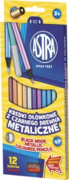 KREDKI OŁÓWKOWE OKRĄGŁE, METALICZNE Z CZARNEGO DREWNA+TEMPERÓWKA 12 KOLORÓW