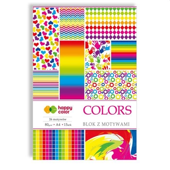 Happy Color Blok z motywami COLORS, 80g/m2, A4, 15 ark, 26 motywów